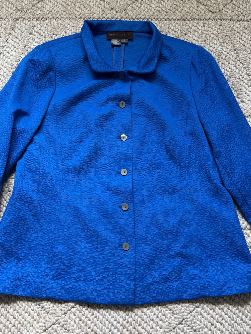 Nina McLemore Blue Open Front Cotton Button Blazer 10